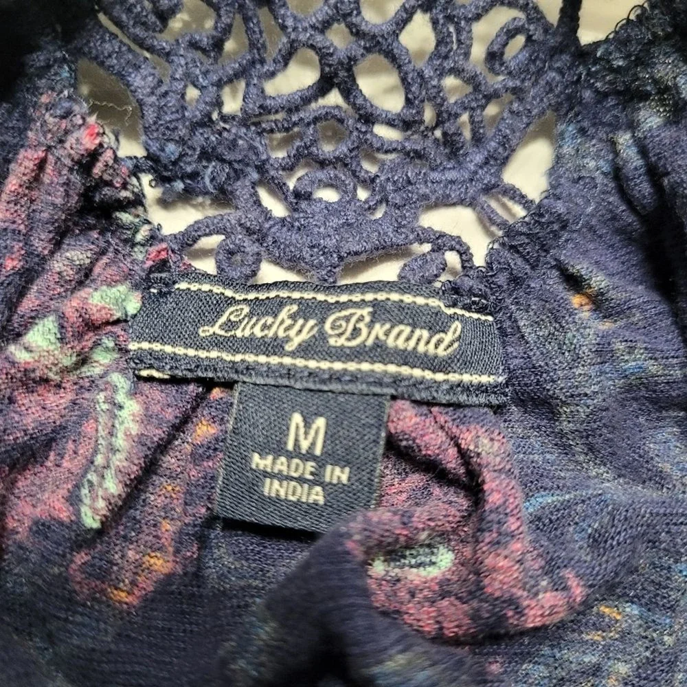 Lucky Brand Navy And Pink Floral‎ Katie Embroidered Crochet Lace Yoke Top Size M
